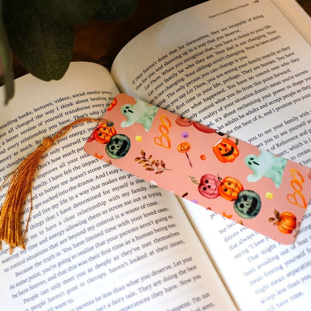Fall/Halloween Metal Bookmark with Tassel, handmade, boo basket